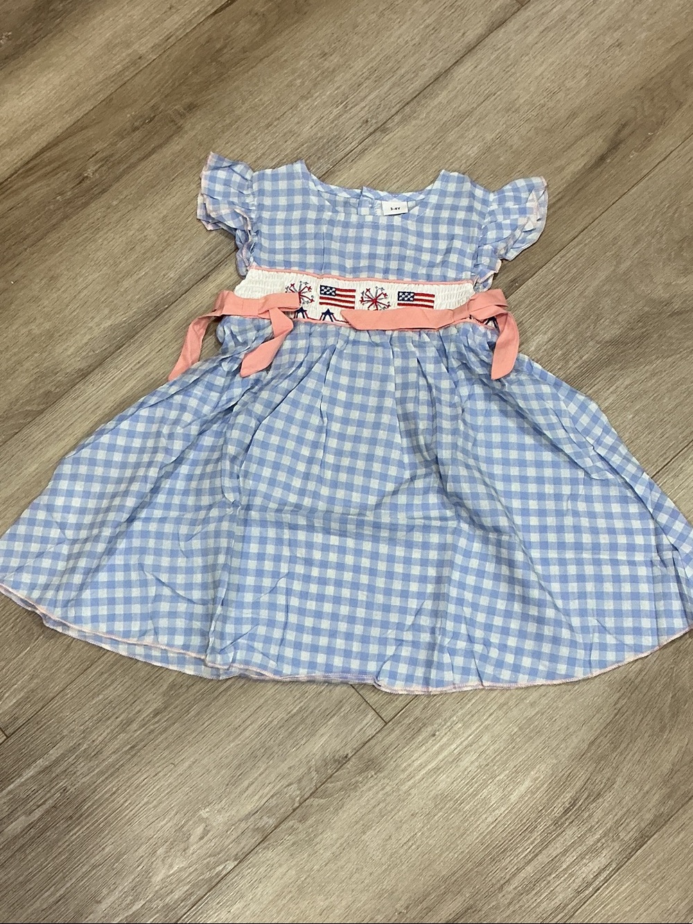 Girls Blue Gingham Dress with Pink Sash